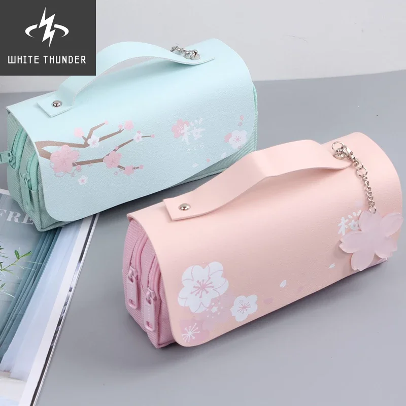 Sakura Pencil Bag PU Leather Pen Case Kawaii Stationery Ruler Pouch For School Girl Sweet Eraser Holder Gift Box Flowers Storage