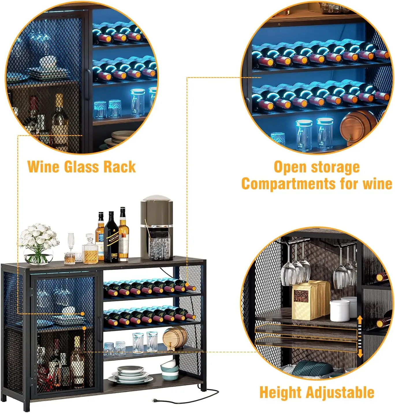 Bar Cabinets for Home,LED Coffee Bar with Power Outlets,47 Inch Sideboard,Industrial Liquor Cabinet with Wine Rack and Glass