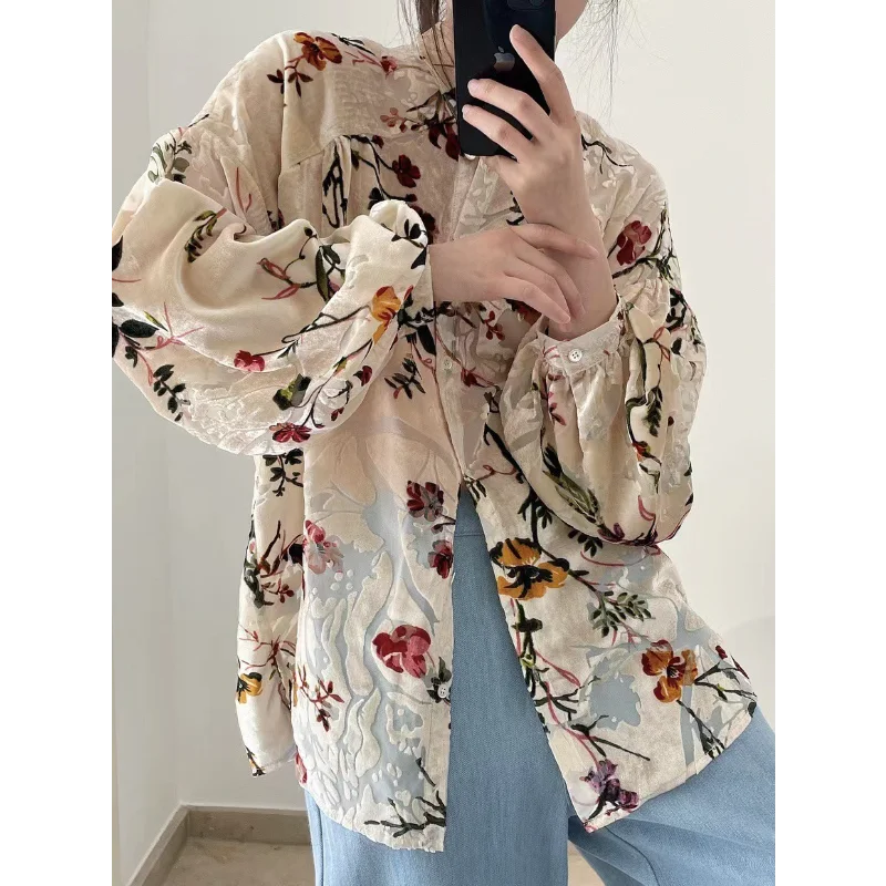 Vintage Wine Velvet Print Loose Shirt for Women Fashion Basic Simple Stand Collar Casual Elegant French  Korean Chic Lady Blouse