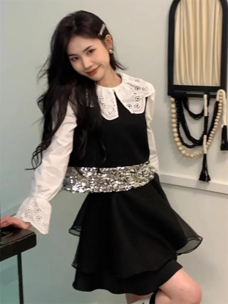 Sequins Stylish Workwear Vests Crop Tops For Women Elegant Fashion Chic Ladies Tees 2024 Autumn Sleeveless O-neck Vest