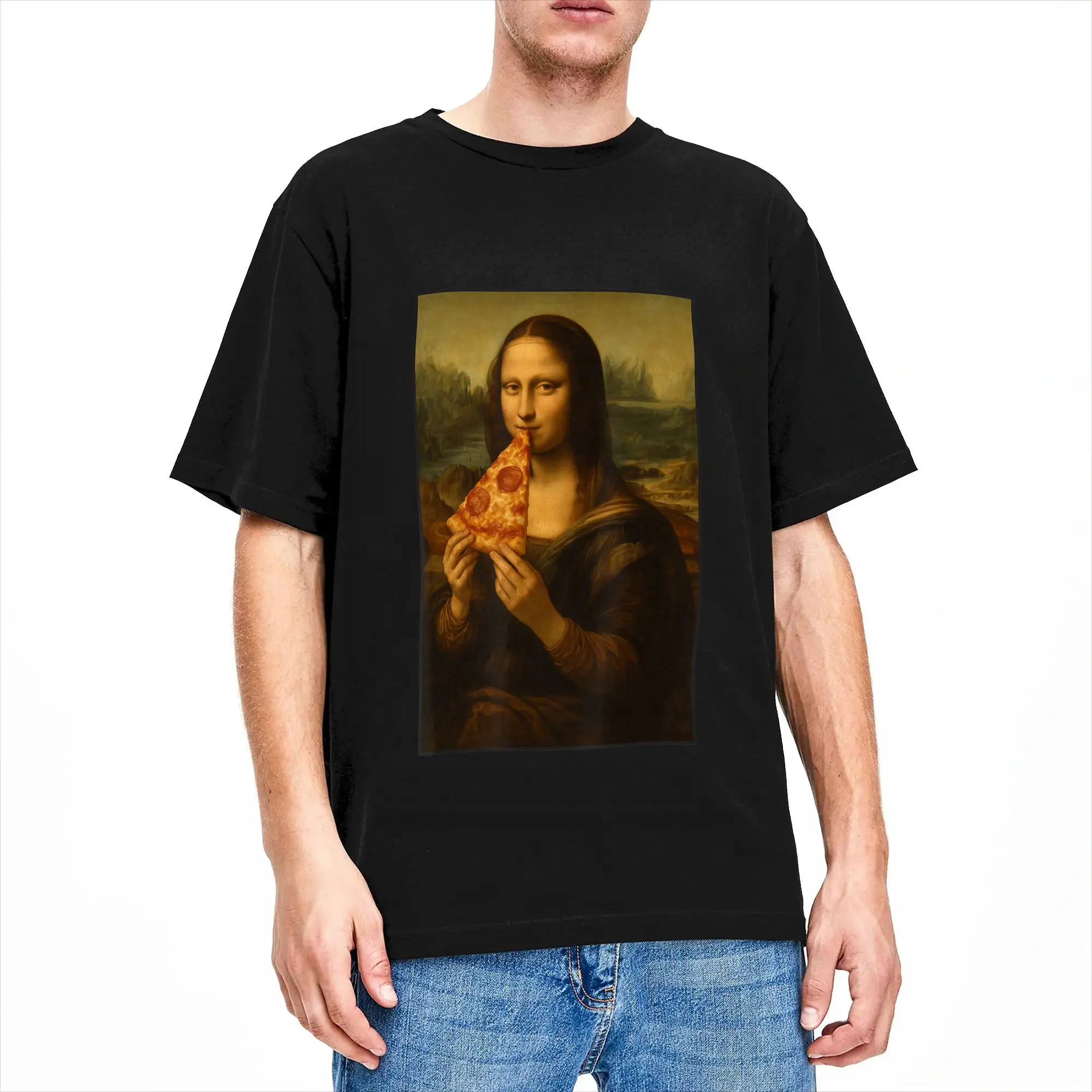 Casual Mona Lisa Eating Pizza Funny Classic Art Pizza Foodie Mashup T-Shirts Men O Neck Cotton T Shirt Short Sleeve Tees