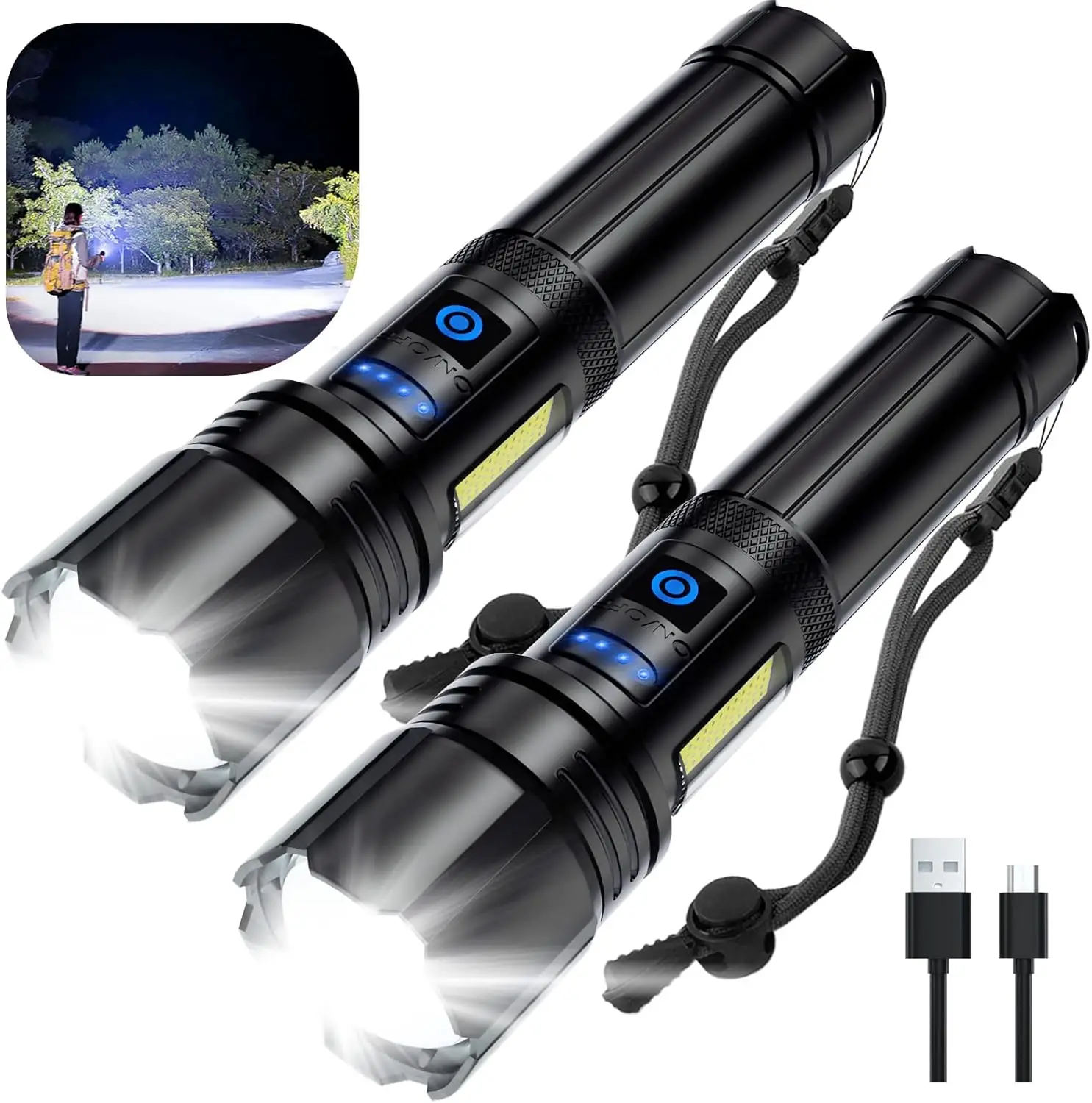 

99,000 Lumen Rechargeable LED Flashlight, 7 Modes, IPX7 Waterproof, Camping & Home Use (2 Pack)