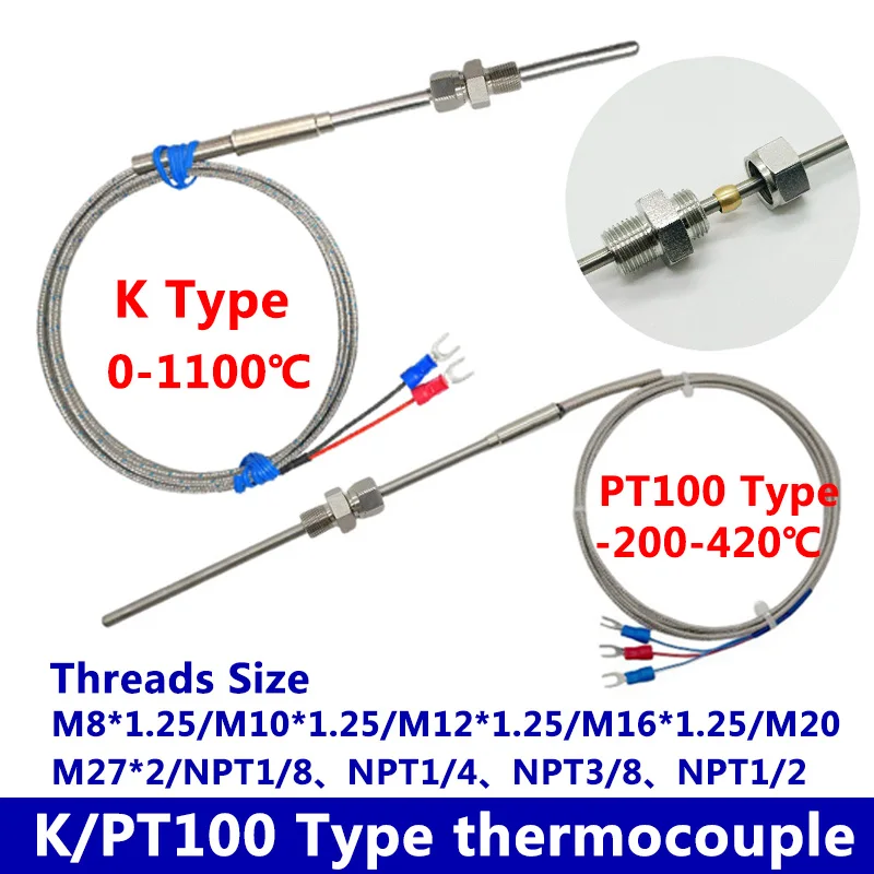 Sheathed Thermocouple Temperature Sensor 1100 Degree K PT100 Type Ungrounded M12*1.25/M16*1.25 Controller 1-12mm Threads Size