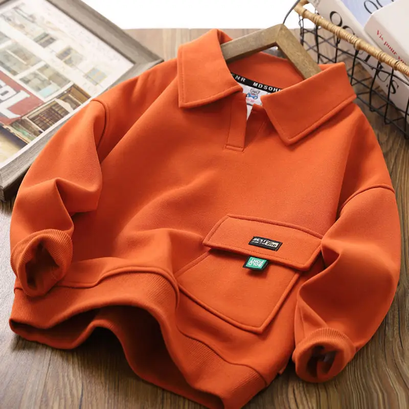 Spring Autumn Sweatshirt Boys Flip Neck Head Pullover Children\'s Casual Fashion Top 2024 New Teenagers Solid Color Clothes 4-14Y