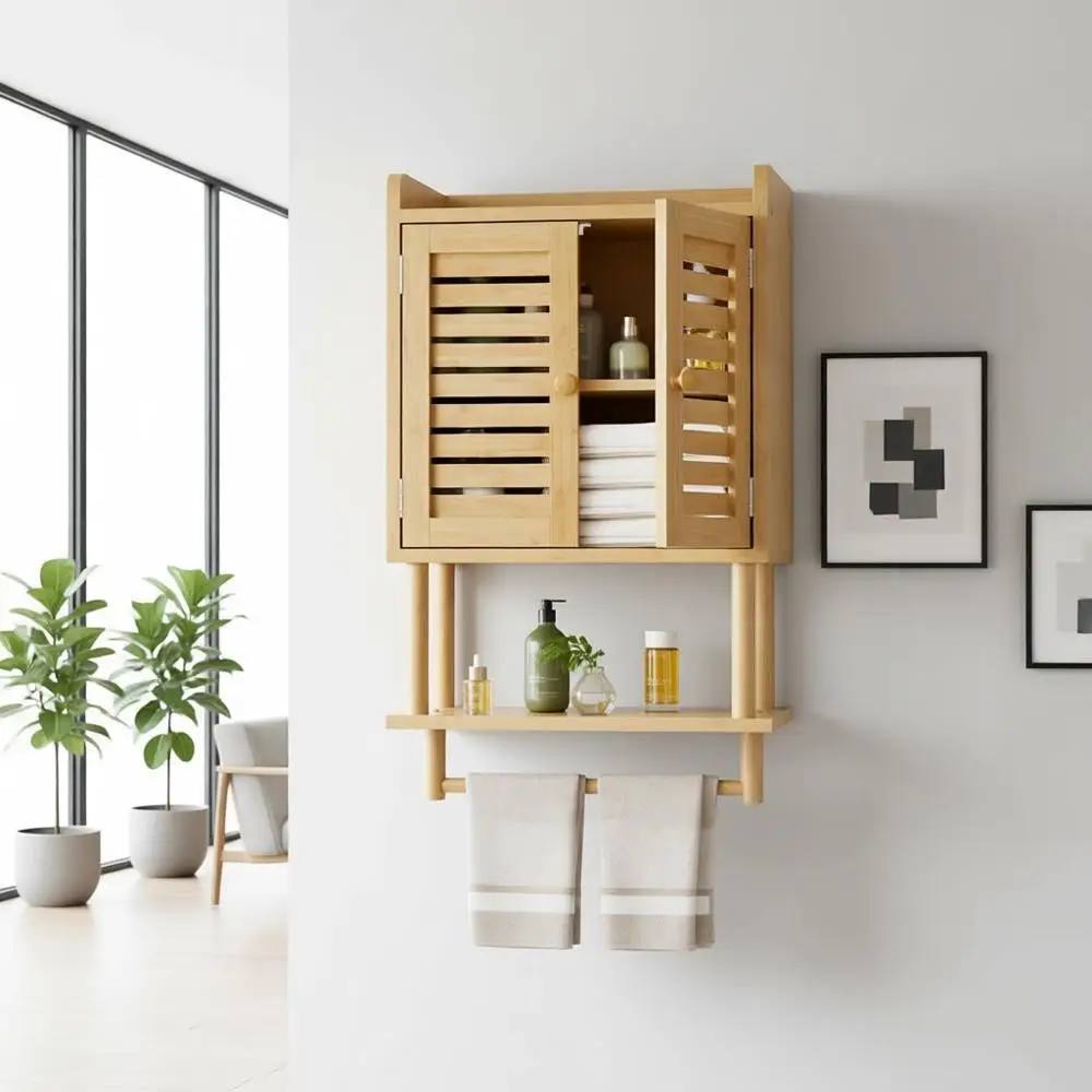 

Over-the-Toilet Bamboo Storage Cabinet with Hanging Medicine and Adjustable Shelving for Small Spaces
