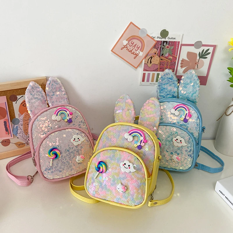Fashion Sequins Rabbit Ears Backpack Children\'s Bling School Bags Cute Waterproof Student Kids Girls Kindergarten Schoolbags