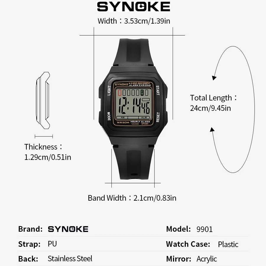 SYNOKE Kids Rectangular Sports Electronic Watch Waterproof Night Light Large Screen Alarm Clock Trend Retro Style Classics