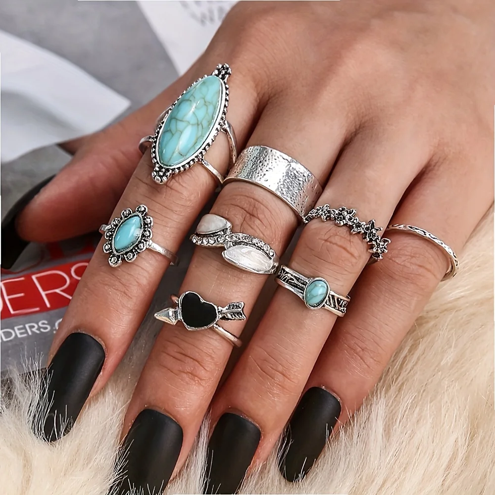 8 pieces of retro carved totem synthetic turquoise black heart joint ring combination - Western rural storm West Asia accessorie