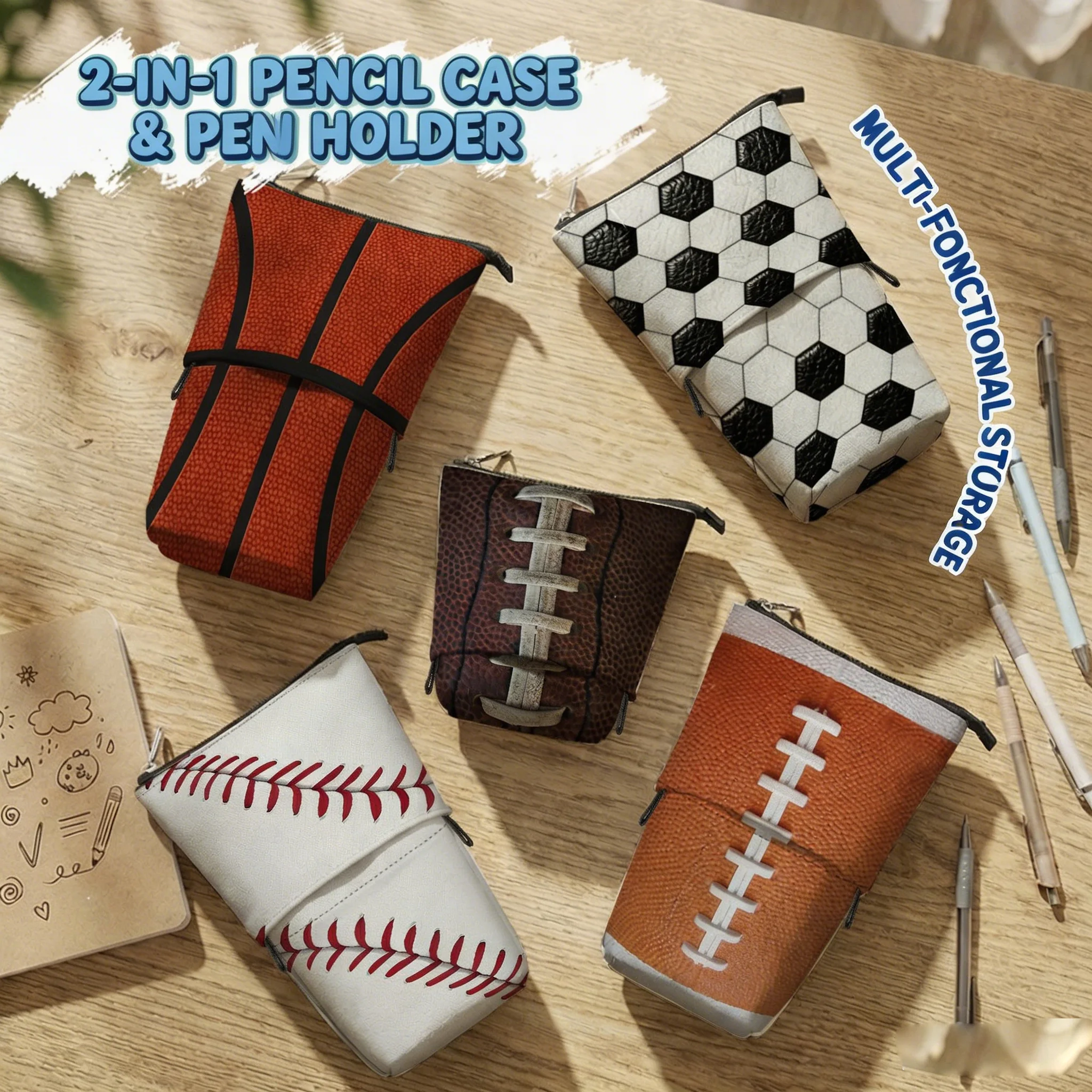 Dual Use Retractable Sports Pencil Bag, Convertible Stand Pen Holder Large Capacity Stationery Pouch