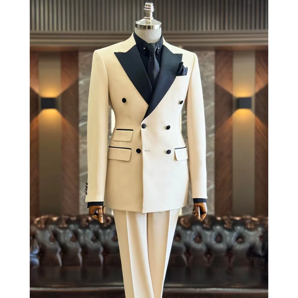 High-end Solid Men Suits Ivory Chic Peaked Lapel Double Breasted 2 Piece Elegant Fashion Party Wedding Tuxedo (Jacket+Pants)