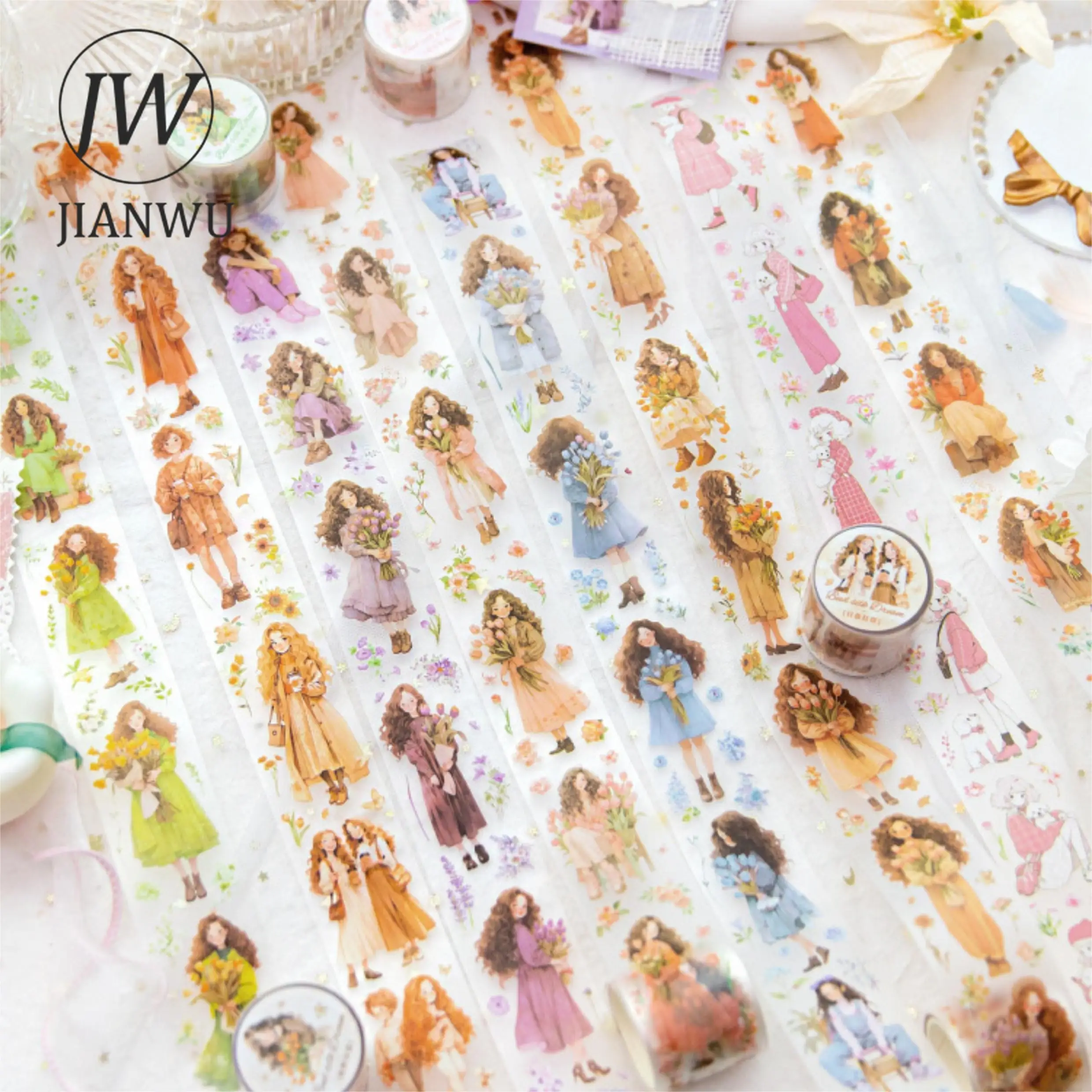 JIANWU 37.5mm*200cm Girl Holding Flower Series Kawaii Character Material Decor PET Tape Creative DIY Journal Collage Stationery