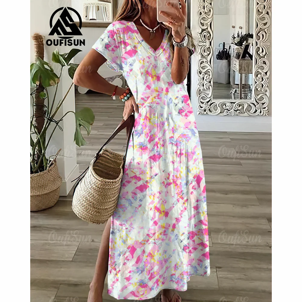 Women's Clothing Dresses Colorful Tie-Dye Long Dress V-Neck Party Fashions Print Dress Loose Oversize Women Dress Elegant Luxury