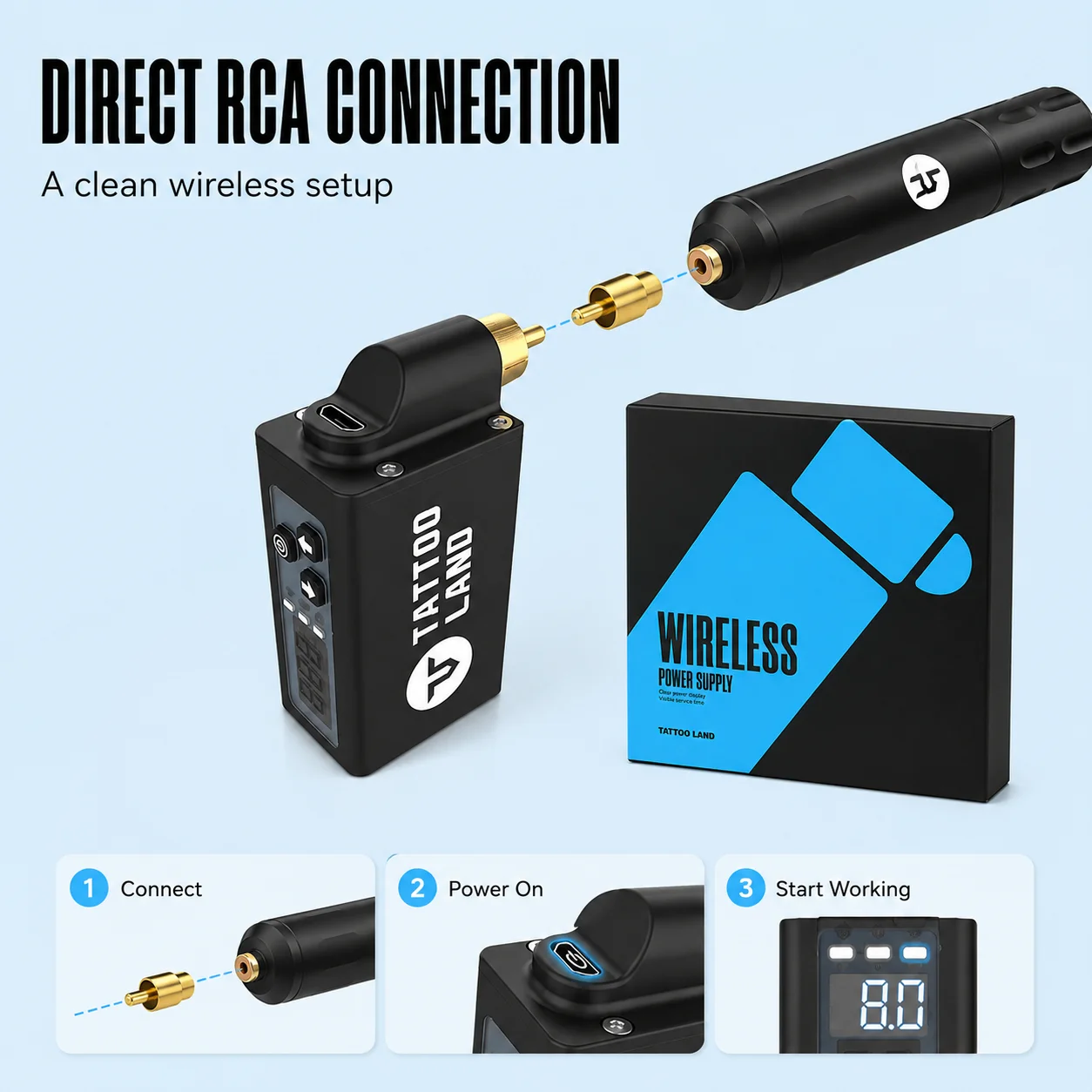 Wireless Tattoo Power Supply with Digital Display, Rechargeable USB-C Battery Pack, Adjustable Voltage RCA Connector