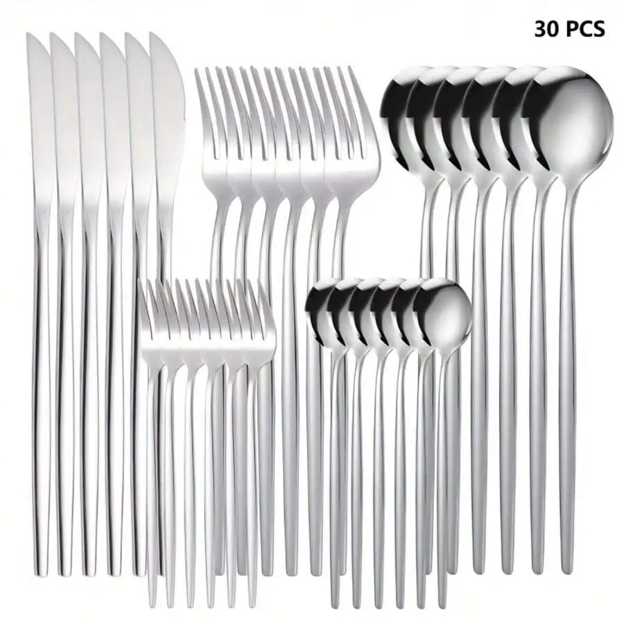 30 Piece Cutlery Set Suitable For Serving 6/12 People, Thickened Kitchen 410 Stainless Steel Cutlery Set, Steak Knife, Salad For
