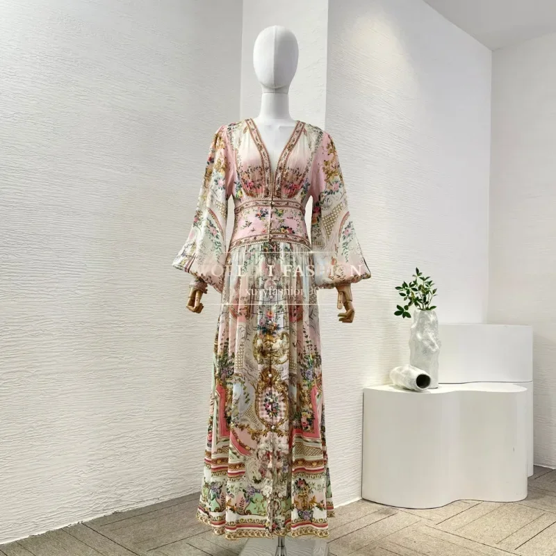 

2025 High Quality Pink Floral Print Long Sleeve Deep V Neck Diamonds Pleat Hem Maxi Dress Silk