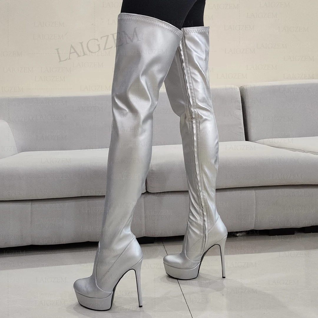 ZHIMA Women Thigh High Boots Metallic Colors Stiletto High Heels Tall Boots Full Zipper  Ladies Shoes Woman Plus Size 41 44 52