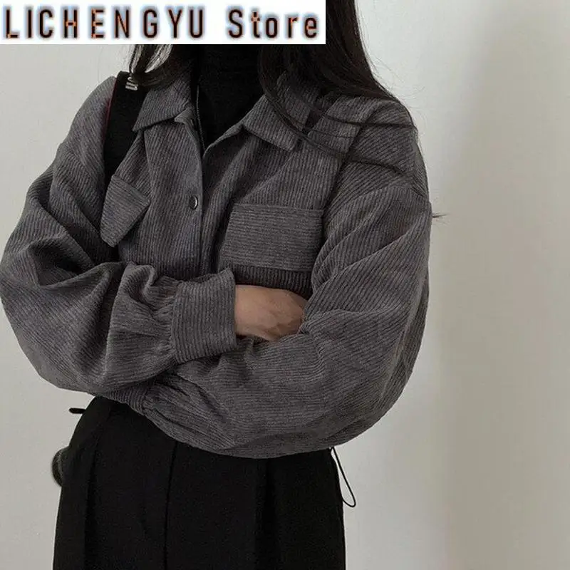 

New Vintage Cropped Corduroy Blouses Women Korean Casual Drawstring Long Sleeves Fashion Button Elegant Chic Shirts Female