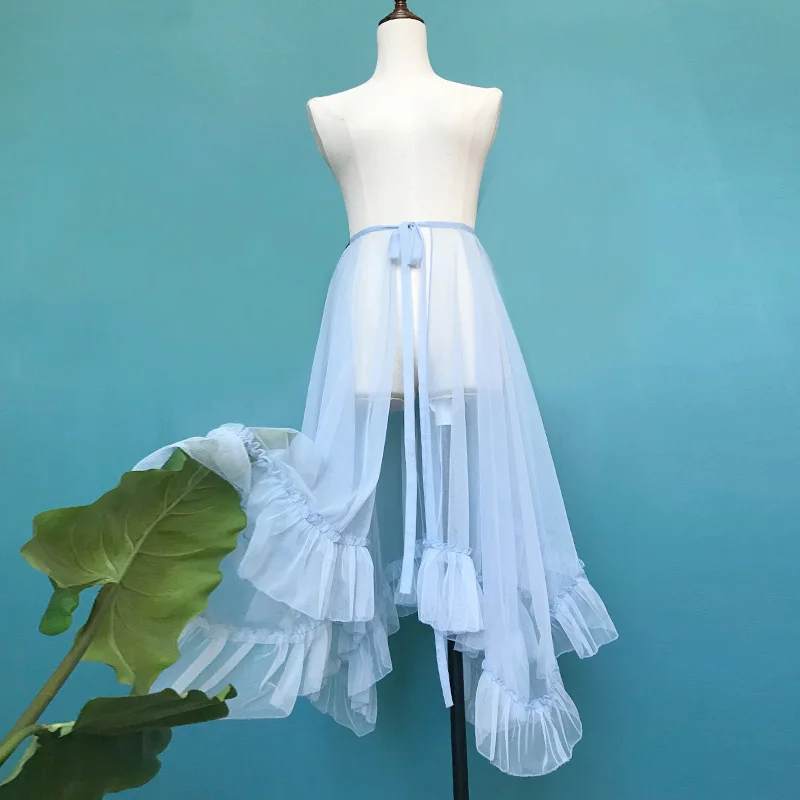 Sweet Lolita Asymmetrical Ruffled Mesh See Through Skirt Women Kawaii Cute Sheer Mesh Cover Up Curtian Thin Party Skirts