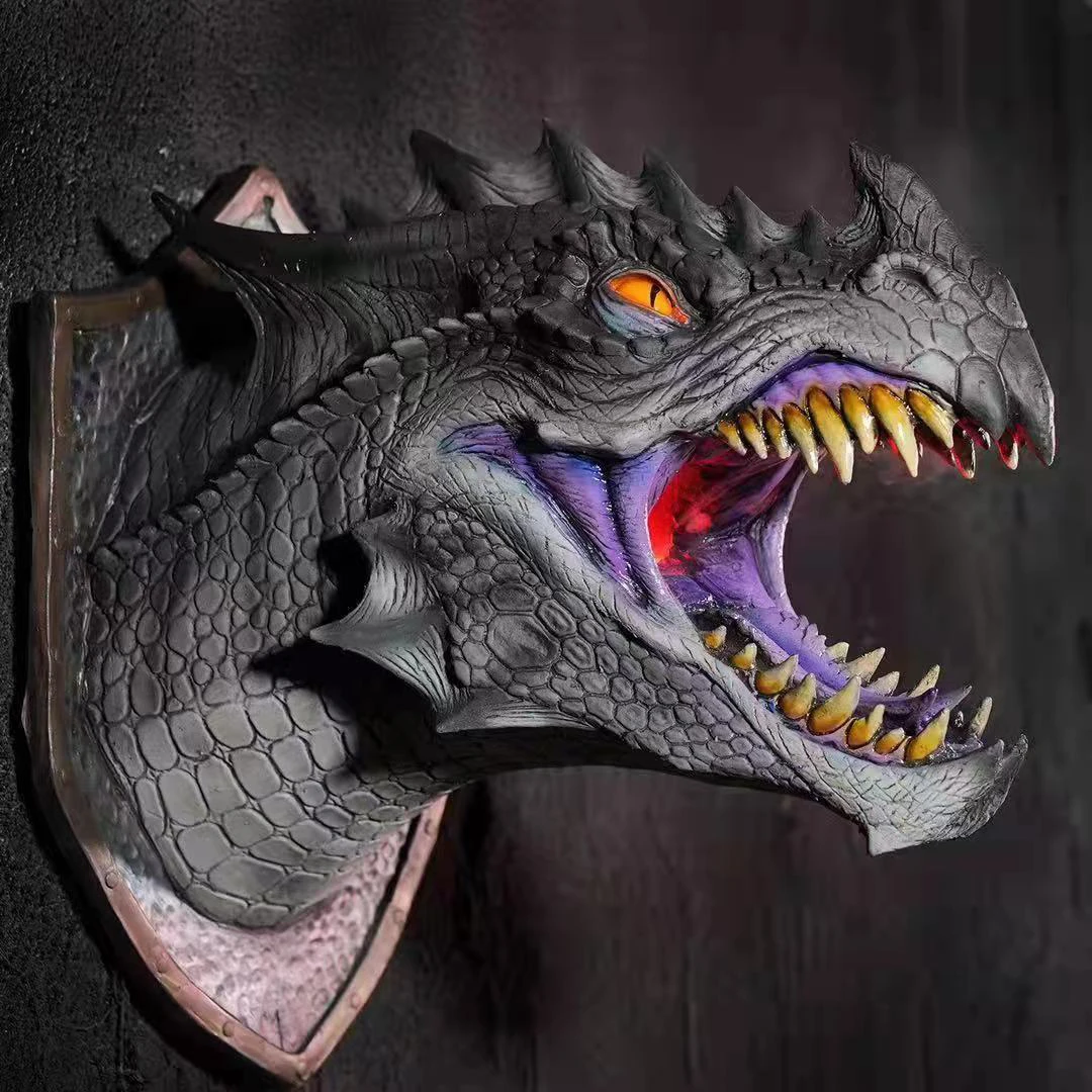 VIP Dragon Legends Prop Dinosaur Head 3d Wall Smoke Light Art Sculpture Shape Statue Home Decor Halloween Room Wall Decoration