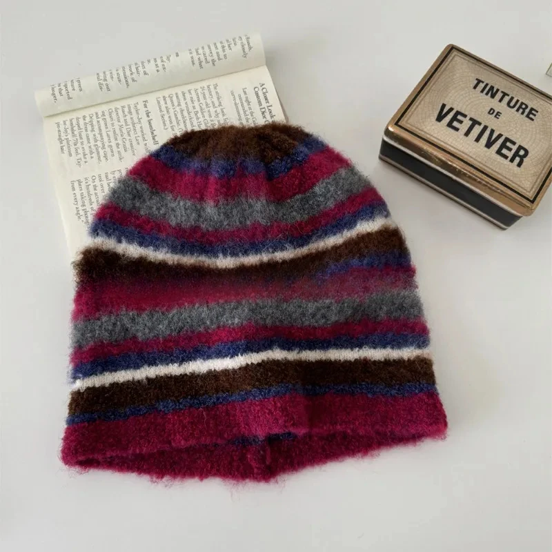 Japońska czapka z dzianiny w paski w stylu retro dla mężczyzn i kobiet, zimowa ochrona uszu i ciepła czapka narciarska z czaszką Gorras — zdjęcie 7