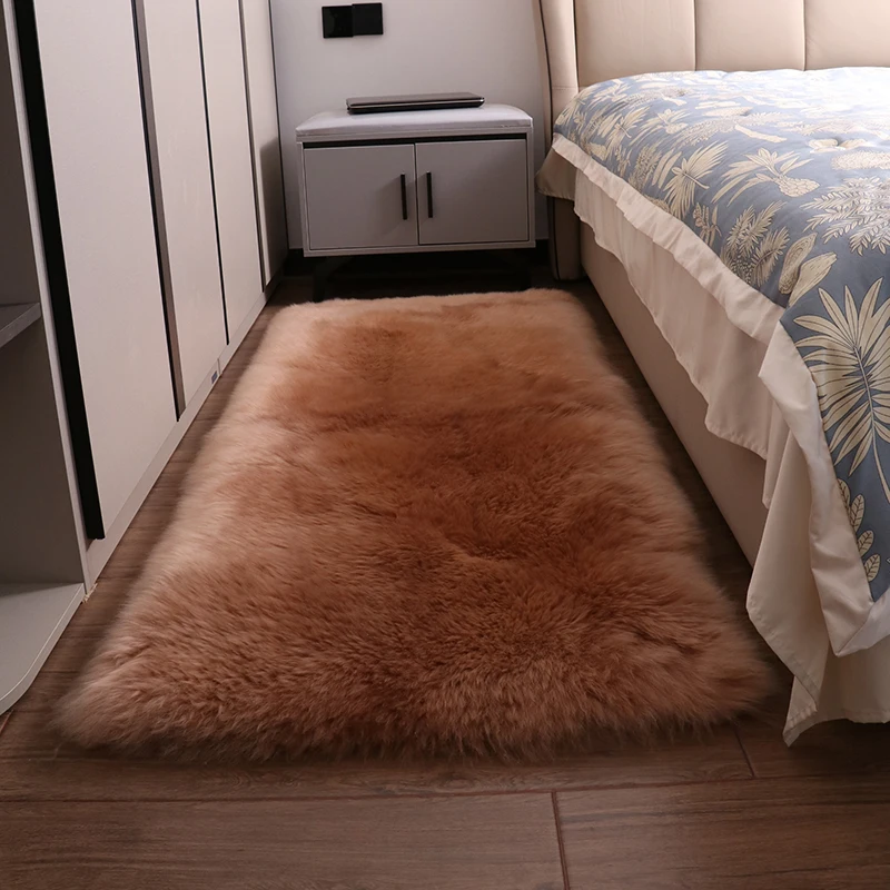 Bedside Sheep Wool Carpet, Monochromatic, Fur Integrated Wool Mat, Thickened Sheepskin Rug, Bedroom Rectangular Floor Mat