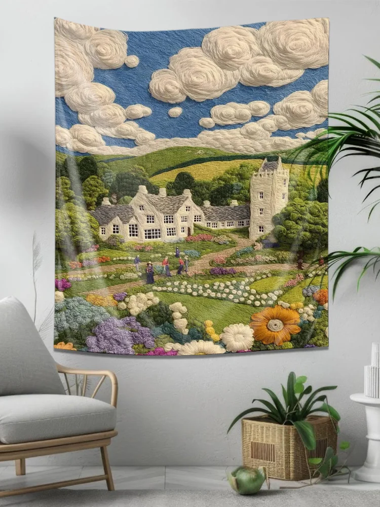 "Pastoral Landscape Embroidery Tapestry - Idyllic Countryside Scene Wall Decoration Hanging Fabric"