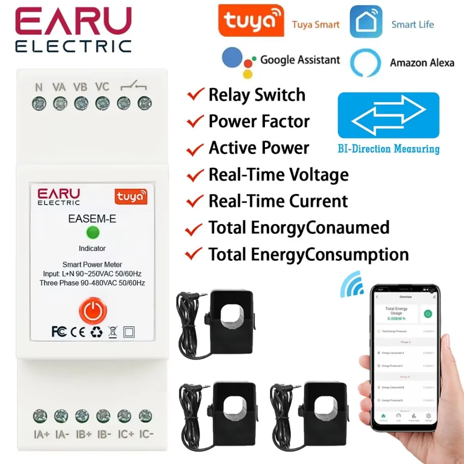 TUYA WiFi Smart Three Phase AC90-480V Bi-Directional Measurement Power Energy kWh Meter Monitor with 3PCS CT Clamps Switch Relay