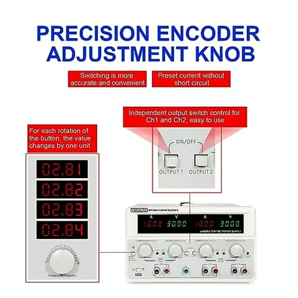 Fuente de alimentación CC lineal Triple de precisión ajustable, 30V, 10A, 615W, perilla de codificador de interfaz, protección de serie paralela, ventilador silencioso fácil