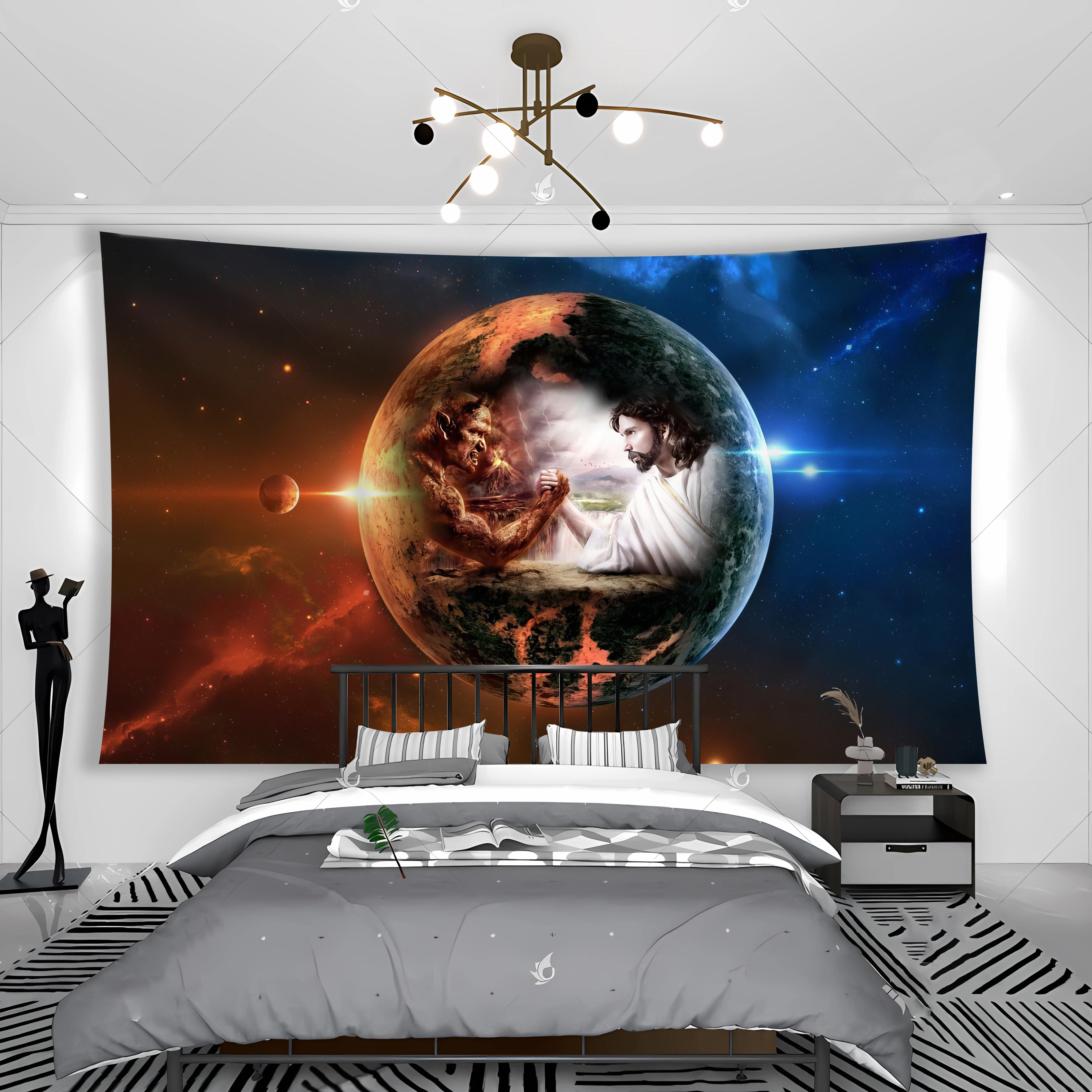 Jesus vs Satan Wrist Wrestling War Tapestry Banner Flag Garage Church Room Bedside Hanging