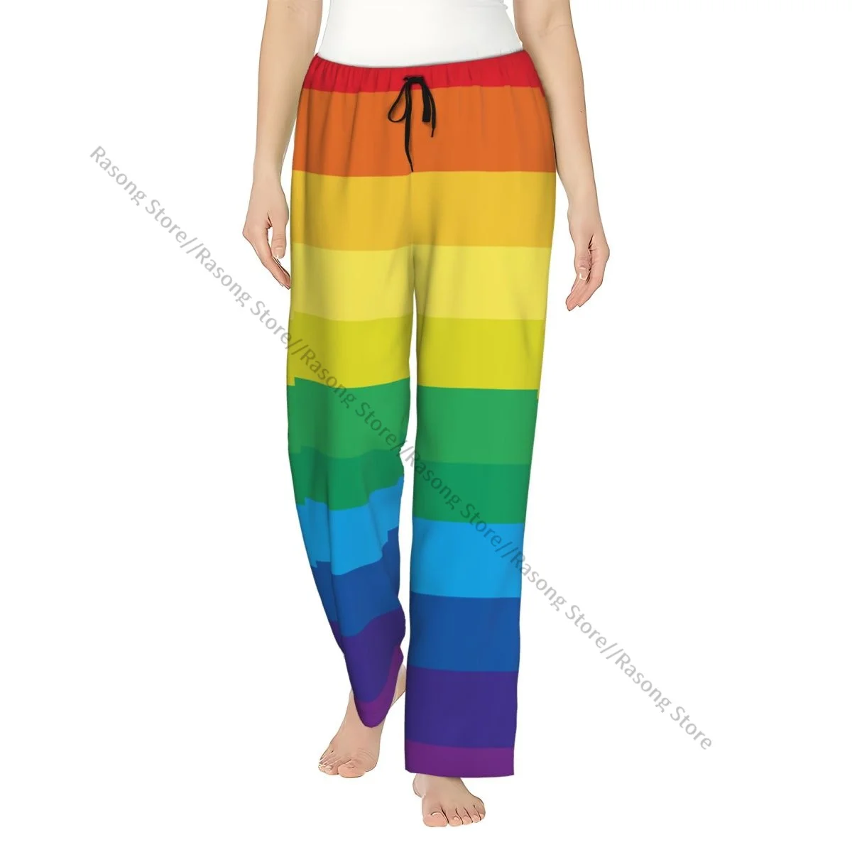 

Cozy Flannel Pajama Pants for Women Striped Multicolored Rainbow Sleep Bottoms Home Loungewear