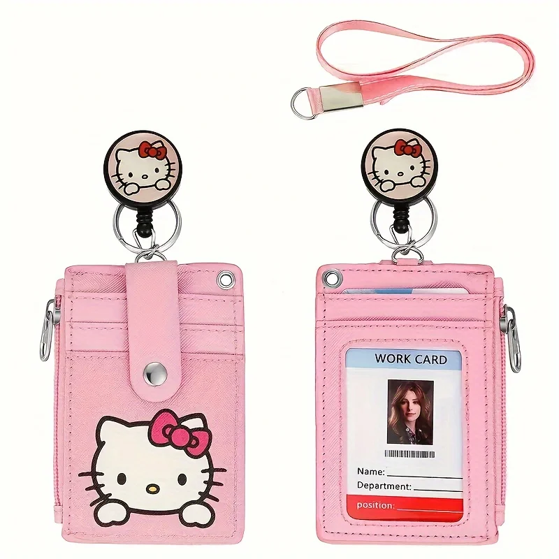 Hello Kitty Multi-functional Hanging Neck Retractable Card Holder Campus Meal ID Card Case Faux Leather with Multiple Card Slots