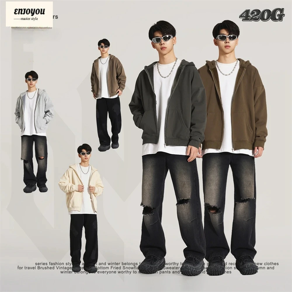 

ENJOYOU новые зимние мужские флисовые толстовки на молнии унисекс, свободные тяжелые толстые теплые базовые пальто с капюшоном 420 г/м2, толстовка HY0747