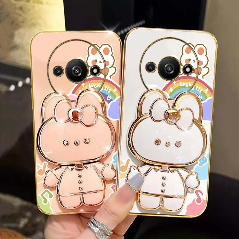 A3 Music Rabbit Holder Plating Phone Case For Xiaomi Redmi A3 Shatterproof Camera Protection Redmi A3 Thin Soft Back Cover