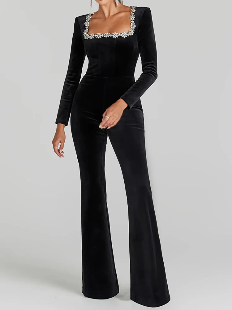 2025 Women Spring Elegant Diamond Square Collar Jumpsuits Holiday Long Sleeve High Street Velvet Flare Pants Ladies Playsuits