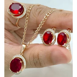 Kinel Shiny Red Natural Zircon Jewelry Set for Woman Fashion 585 Rose Gold Color Ring Earrings Necklace 3Pcs Vintage Jewelry Set