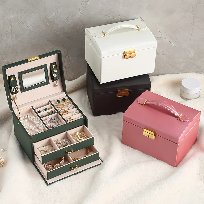 

Three Layers Jewelry Organizer Retro High Quality Leather Jewelry Box with Necklace Hook Earrings Ring Bracelet Storage Case