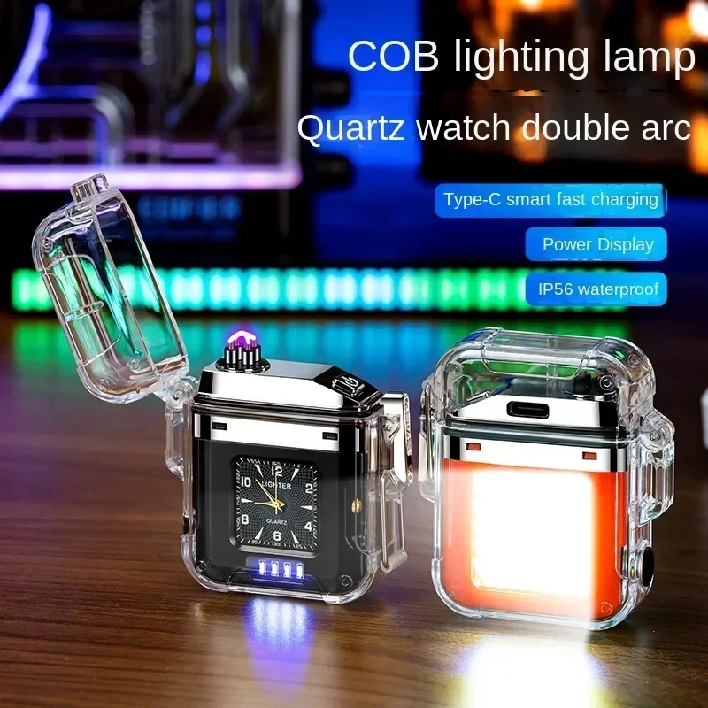 Reloj de cuarzo transparente IP56, resistente al agua, doble arco tipo C, encendedor para exteriores a prueba de viento con iluminación COB,