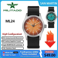 Militado ML24 Vintage Watch VH31 Sweep Seconds Quartz Movement Military Field Watches Sapphire Luminous Wristwatch ML05