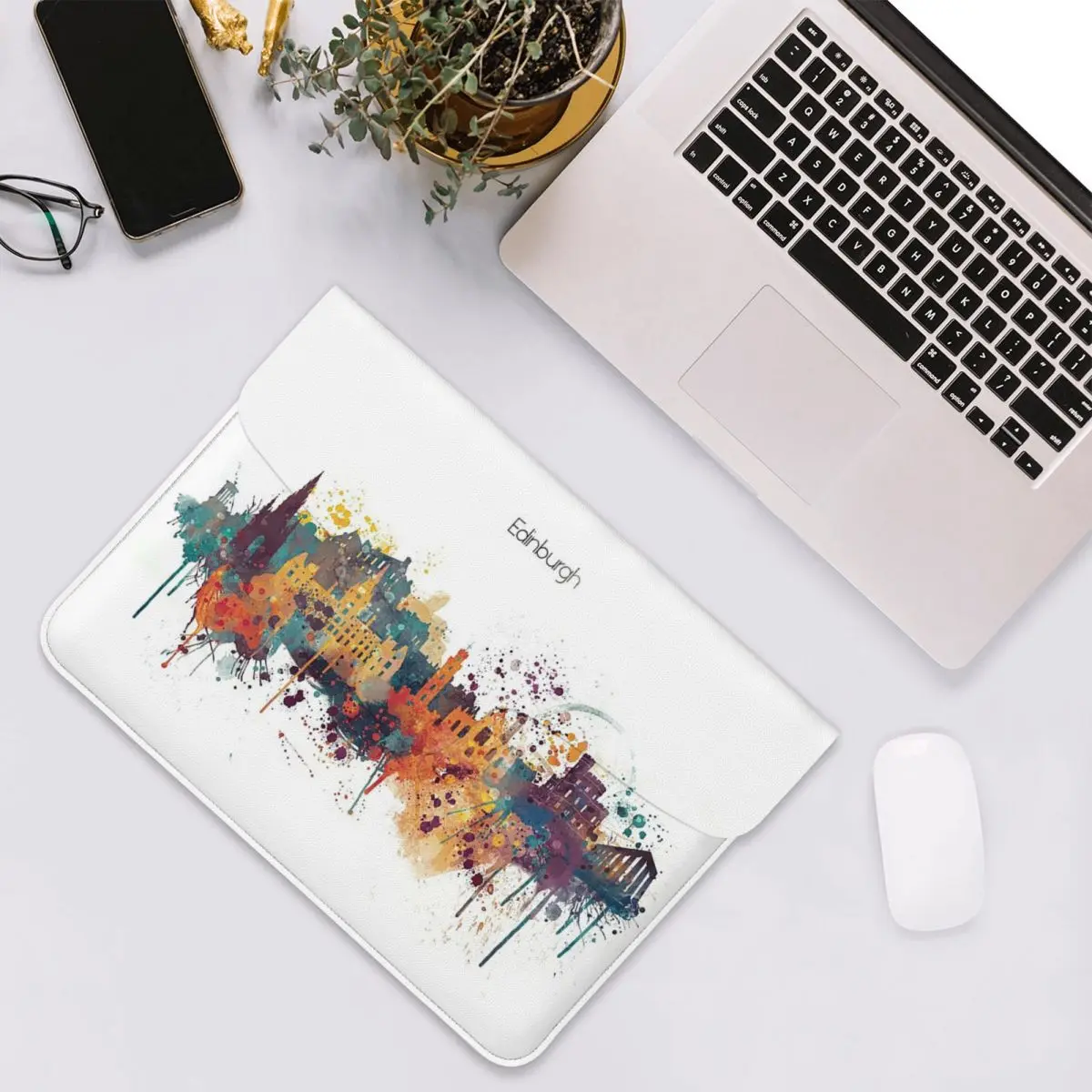 Edinburgh Watercolour Skyline PU Leather Horizontal Laptop Sleeve Shockproof Soft Lining Notebook Case 13 Inch