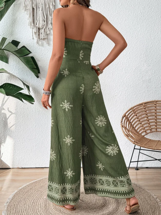 Casual Jumpsuit Women 2025 New Fashion Strapless vintage snowflake print wide leg jumpsuit Rompers Lace Up Casual Daily Jumpsuit - Image 3