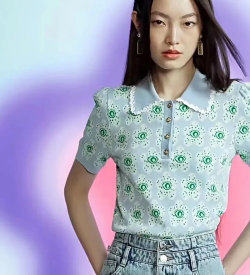 New Spring Summer Polo Collar Sweater Women Flower jacquard Short Sleeve Knitted Casual Pullover Tops Korean Fashion Clothing