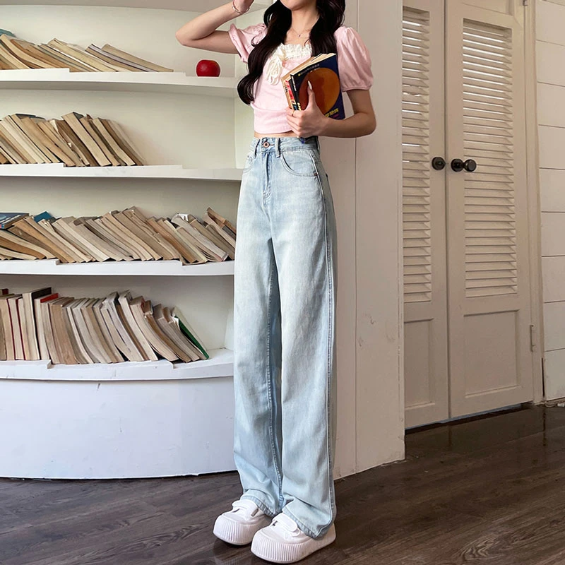 Pear-shaped wide-legged jeans women's summer and fall design sense pink label high waist loosecasual trailing straight longpants