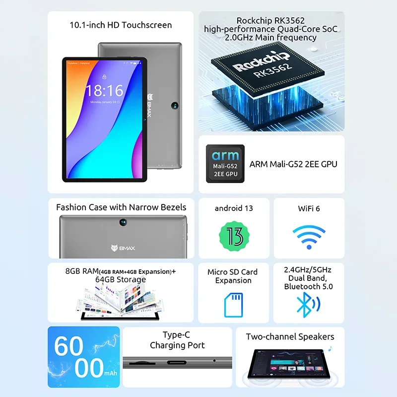 BMAX Kids Tablet I9 Plus Android 13 GPU G522EE 8GB RAM 64GB ROM 10.1 Inch Allwinner RK3562 Quad Core Port Tablets PC WIFI 6