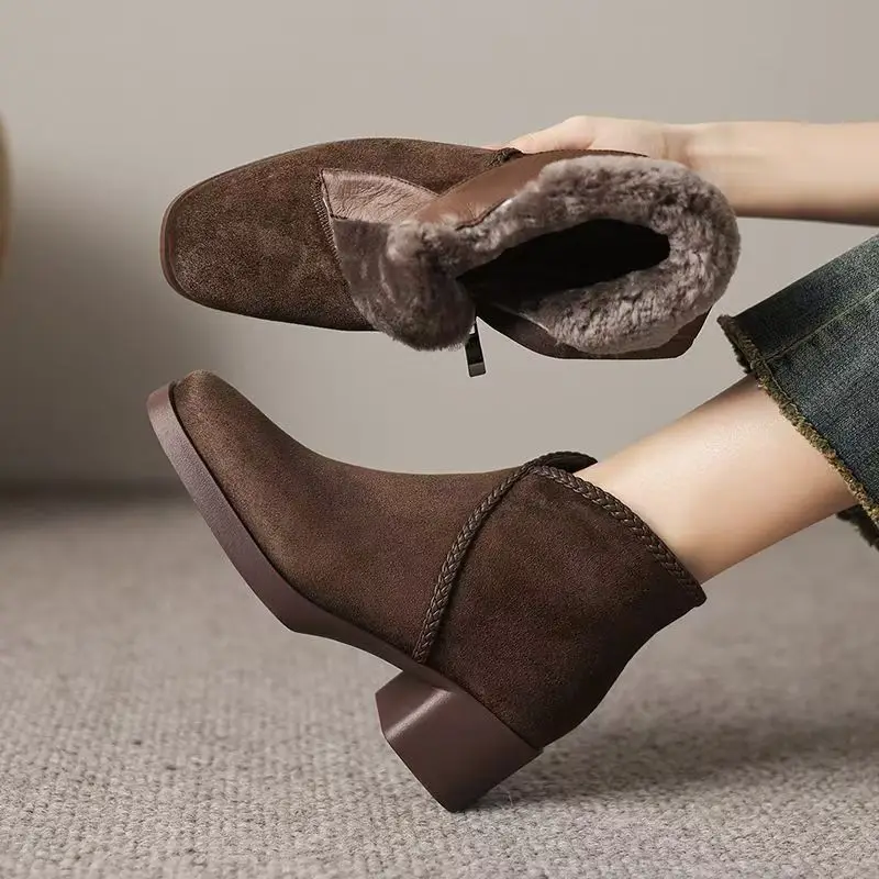 

Women Block Heel Leather Ankle Snow Boots Winter New Square Toe High Top Thicken Plush Keep Warm Kitten Heel Zippers Cotton Boot