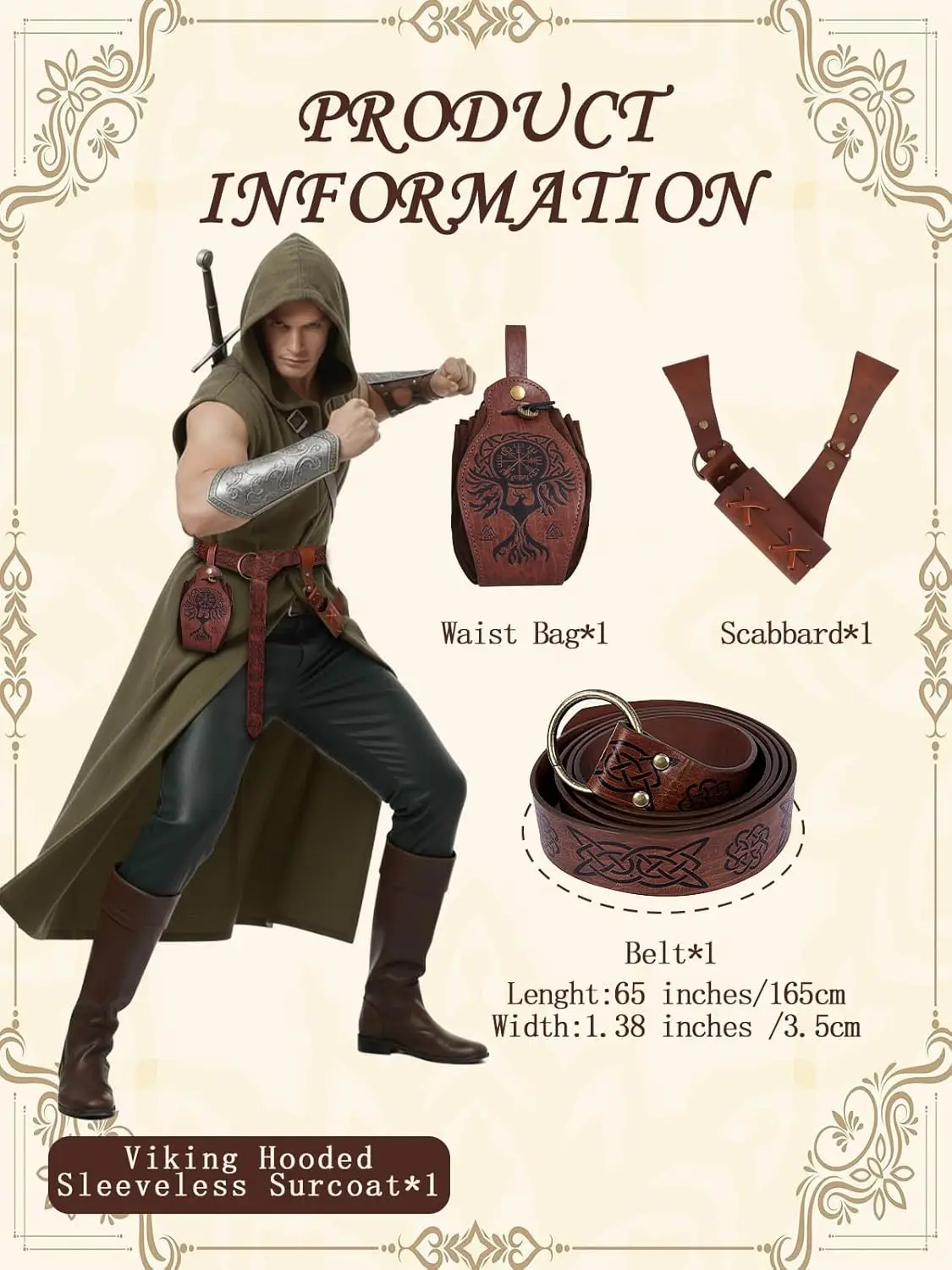 Renaissance Medieval Costume Set for Men - 4PC Viking Hooded Sleeveless Surcoat Halloween Cosplay Apparel