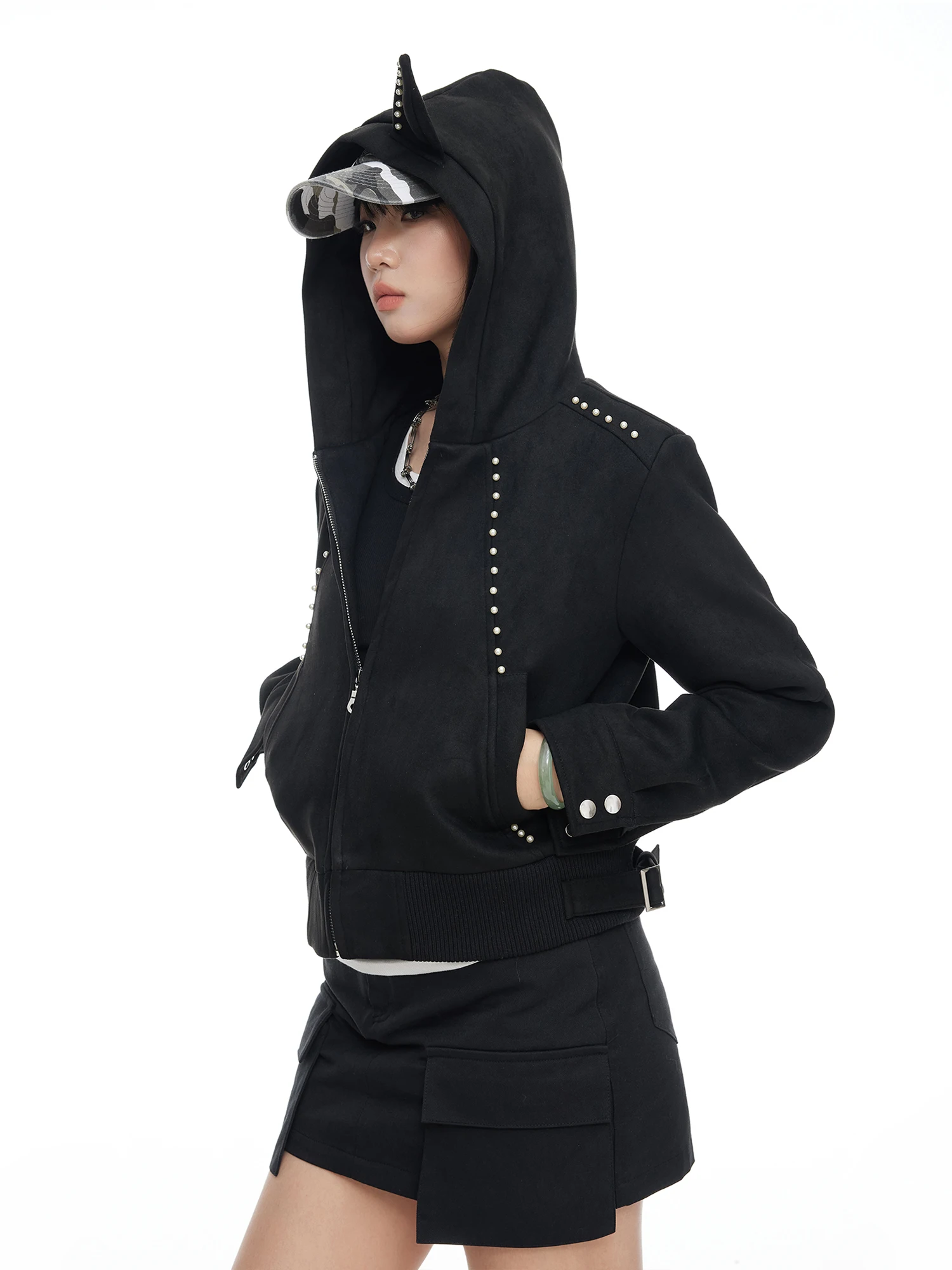 

Американский стильный кардиган-худи с жемчужным декором, женская приталенная модная верхняя одежда, дизайн «Демон», уличный стиль, полиэстер