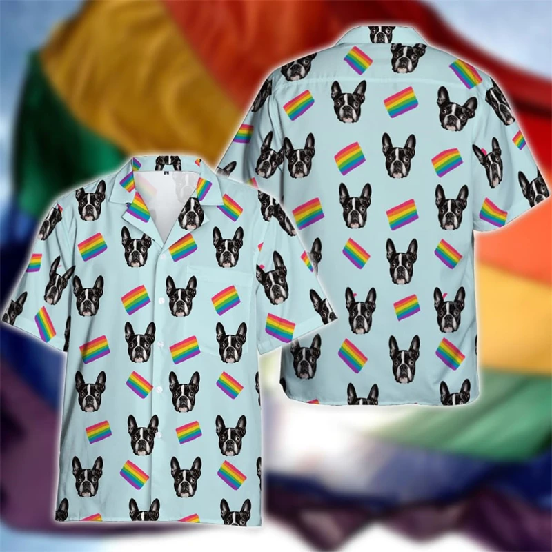 Rainbow LGBT Flag Dog 3D Print Shirts For Men Clothes Harajuku Fashion Pride Parade Blouses Beagle Bernese Lapel Blouse Pet Tops