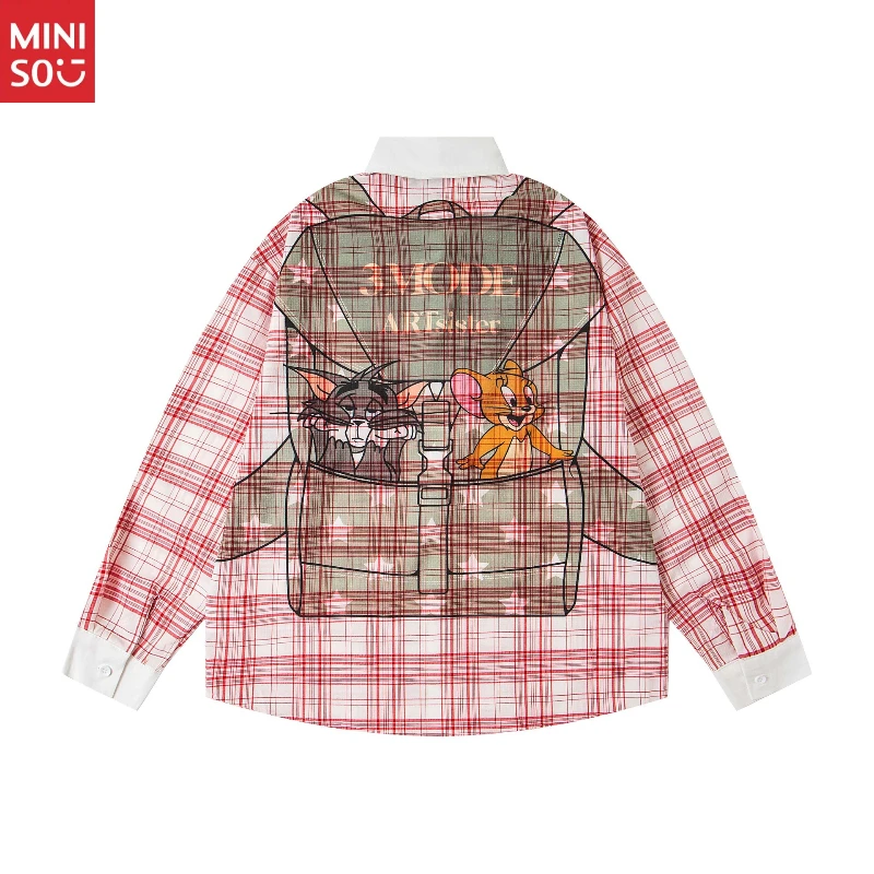 

Autumn American Retro Plaid Fun Cartoon Print Tie Long Sleeve Shirt Men Loose Casual
