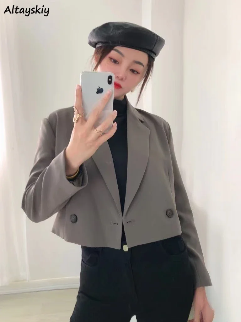 Gray Blazers Women Spring Short Single Breasted Solid Simple Classic Korean Style Elegant Office Lady Minimalist Chic Trendy