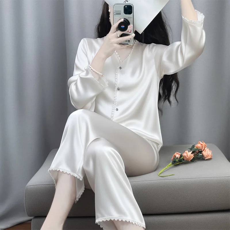Women's Mulberry Silk Pajamas Set Long Sleeved Trousers Spring Autumn Loungewear Gift Box Girlfriends XL Size Sleepwear Soft